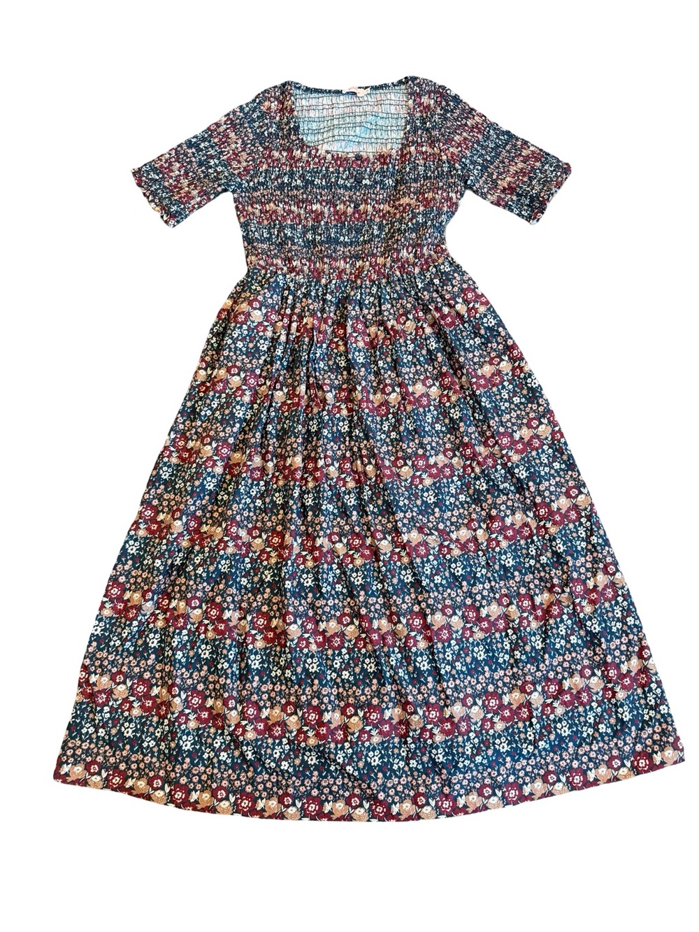Ivy City Co Navy Burgundy Floral Smocked Midi Dress Boho Chic Day Medium Women's